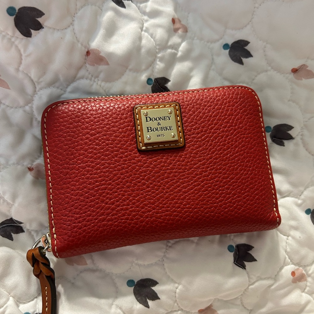 Dooney & Bourke Red Pebbled Leather Medium Zip Wallet with Gold Plaque